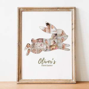 Pode incluir: Impress&atilde;o emoldurada com uma colagem de fotos de beb&ecirc; em forma de coelho. O texto "Oliver's First Easter" &eacute; exibido em uma fonte cursiva. A impress&atilde;o est&aacute; em um fundo branco, com uma moldura de madeira marrom clara.