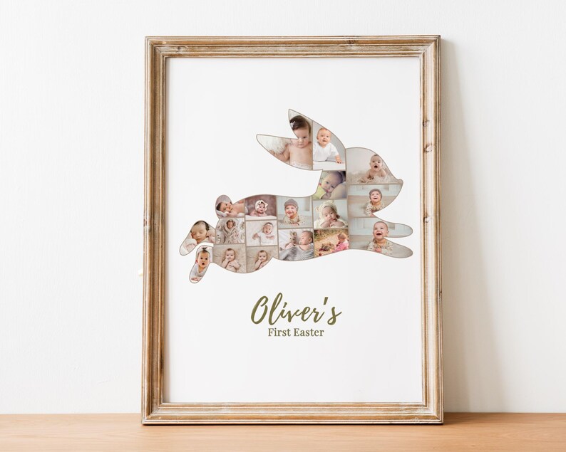 Pode incluir: Impress&atilde;o emoldurada com uma colagem de fotos de beb&ecirc; em forma de coelho. O texto "Oliver's First Easter" &eacute; exibido em uma fonte cursiva. A impress&atilde;o est&aacute; em um fundo branco, com uma moldura de madeira marrom clara.