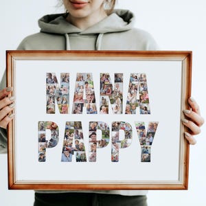 K&ouml;nnte beinhalten: Ein gerahmtes Foto-Collage mit den Worten "NANA PAPPY", die mit kleineren Fotos von Menschen ausgeschrieben sind. Der Rahmen ist aus braunem Holz mit einem wei&szlig;en Passepartout.