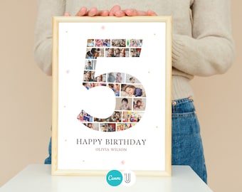 5th Birthday Photo Collage Gift: Personalized Number 5 Design (Digital File)