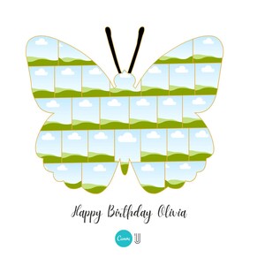 May include: A butterfly-shaped photo collage with a white background. The butterfly wings are filled with small landscape photos of green hills, blue skies, and white clouds. The text "Happy Birthday Olivia" is written in cursive below the butterfly.