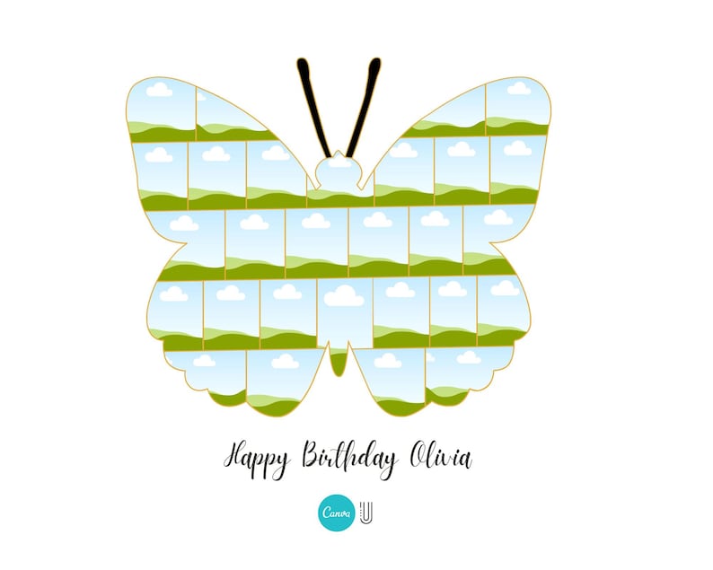 May include: A butterfly-shaped photo collage with a white background. The butterfly wings are filled with small landscape photos of green hills, blue skies, and white clouds. The text "Happy Birthday Olivia" is written in cursive below the butterfly.