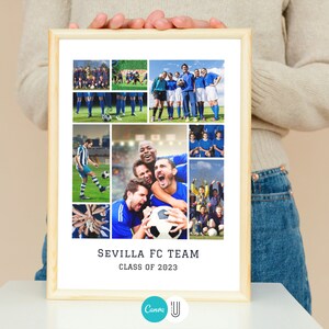 Pode incluir: Uma colagem de fotos de um time de futebol, com jogadores em uniformes azul e branco. A colagem est&aacute; emoldurada em uma moldura de madeira clara e inclui o texto "Sevilla FC Team Class of 2023".