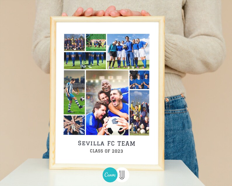 Pode incluir: Uma colagem de fotos de um time de futebol, com jogadores em uniformes azul e branco. A colagem est&aacute; emoldurada em uma moldura de madeira clara e inclui o texto "Sevilla FC Team Class of 2023".