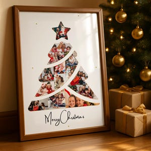 Pode incluir: Uma colagem de fotos em forma de árvore de Natal emoldurada com uma moldura de madeira marrom. A árvore é preenchida com fotos de família e encimada por uma estrela. As palavras "Merry Christmas" estão escritas na parte inferior.