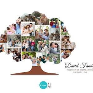 May include: A collage of family photos arranged in the shape of a tree. The text "David Family" is written below the tree with the caption "Together, we create a family united by love."