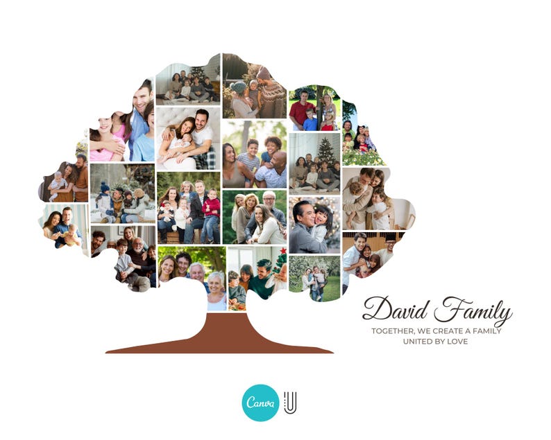May include: A collage of family photos arranged in the shape of a tree. The text "David Family" is written below the tree with the caption "Together, we create a family united by love."