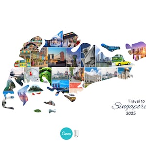 Może przedstawiać: Kolaż zdjęć w kształcie Singapuru, prezentujący r&oacute;żne zabytki i atrakcje. Tekst "Travel to Singapore 2025" jest wyświetlany elegancką czcionką. Logo Canva znajduje się na dole.