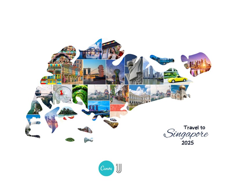 Może przedstawiać: Kolaż zdjęć w kształcie Singapuru, prezentujący r&oacute;żne zabytki i atrakcje. Tekst "Travel to Singapore 2025" jest wyświetlany elegancką czcionką. Logo Canva znajduje się na dole.