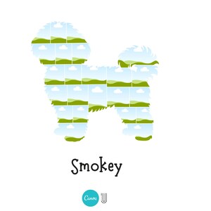 Pu&ograve; includere: Silhouette bianca di un cane Bichon Frise riempita di immagini di paesaggi di colline verdi e cieli blu. Il nome "Smokey" &egrave; scritto in corsivo nero sotto. Un logo Canva si trova nell'angolo in basso.