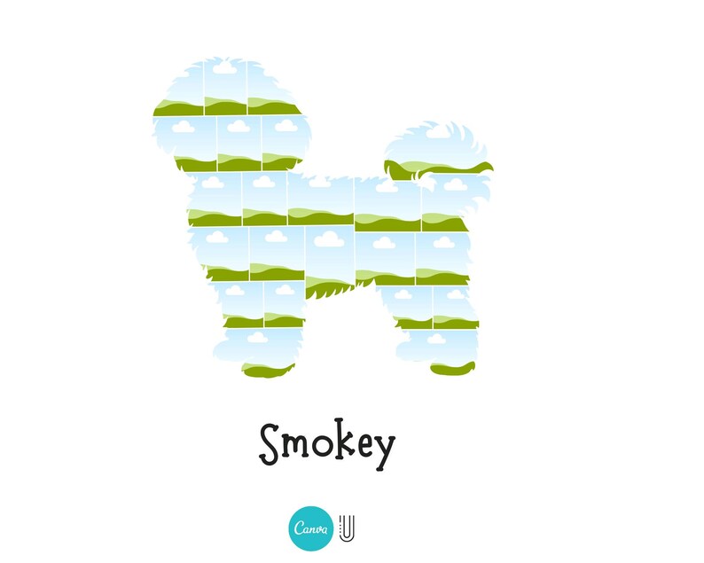 Pu&ograve; includere: Silhouette bianca di un cane Bichon Frise riempita di immagini di paesaggi di colline verdi e cieli blu. Il nome "Smokey" &egrave; scritto in corsivo nero sotto. Un logo Canva si trova nell'angolo in basso.