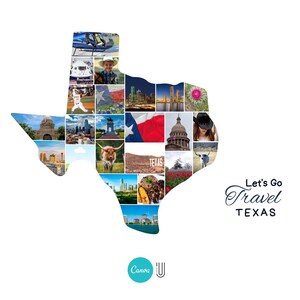 K&ouml;nnte beinhalten: Eine Collage von Bildern in Form des Bundesstaates Texas, die verschiedene Szenen und Wahrzeichen zeigt. Die Collage enth&auml;lt Bilder eines Baseballspielers, der Texas-Flagge und Stadtansichten. Der Text "Let's Go Travel TEXAS" ist in eleganter Schrift dargestellt.