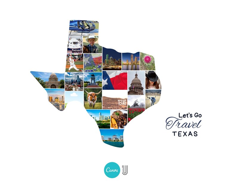 K&ouml;nnte beinhalten: Eine Collage von Bildern in Form des Bundesstaates Texas, die verschiedene Szenen und Wahrzeichen zeigt. Die Collage enth&auml;lt Bilder eines Baseballspielers, der Texas-Flagge und Stadtansichten. Der Text "Let's Go Travel TEXAS" ist in eleganter Schrift dargestellt.