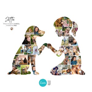 Pu&ograve; includere: Su sfondo bianco, un cane e una persona, entrambi formati da un collage di foto, si toccano le zampe. Il testo in alto recita "Juttu, When I needed a Comfort, I found your Paw."