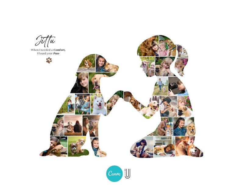 Pu&ograve; includere: Su sfondo bianco, un cane e una persona, entrambi formati da un collage di foto, si toccano le zampe. Il testo in alto recita "Juttu, When I needed a Comfort, I found your Paw."