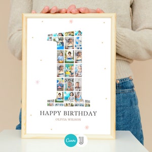 May include: A white framed photo collage of a baby's first year. The collage is shaped like the number one and features photos of the baby in various outfits and settings. The text "Happy Birthday Olivia Wilson" is printed below the collage.