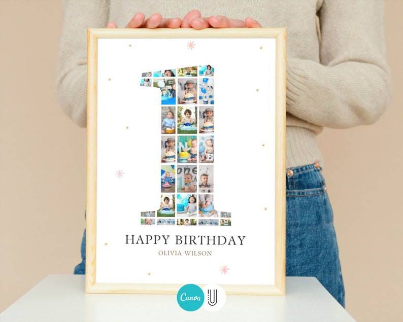 May include: A white framed photo collage of a baby's first year. The collage is shaped like the number one and features photos of the baby in various outfits and settings. The text "Happy Birthday Olivia Wilson" is printed below the collage.