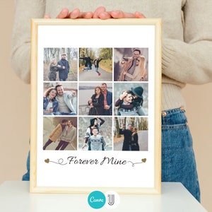 May include: A framed collage of nine photos of a couple in various poses, including a photo of them jumping in the air. The collage is on a white background and has the text "Forever Mine" written in cursive at the bottom.