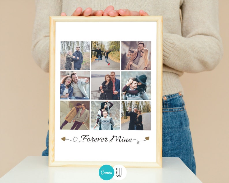 May include: A framed collage of nine photos of a couple in various poses, including a photo of them jumping in the air. The collage is on a white background and has the text "Forever Mine" written in cursive at the bottom.