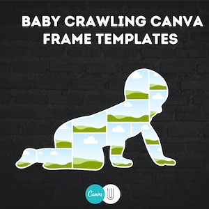 Op de afbeelding: Een Canva-sjabloon voor een fotocollage van een kruipende baby. Het sjabloon is gevormd als een kruipende baby met een raster van 16 fotoplekken.