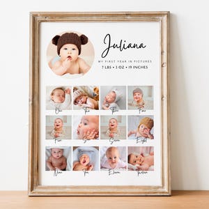 Afdrukbare baby's eerste jaar mijlpaal poster, 1e verjaardag fotocollage teken, aangepaste mijlpaal bord, sjabloon voor de viering van de 1e verjaardag, geschenken