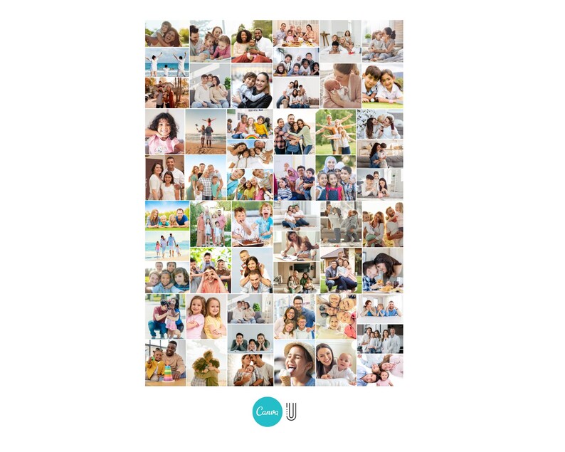 Op de afbeelding: Een collage van familiefoto's, met verschillende groepen mensen in verschillende omgevingen. De afbeeldingen tonen diverse families, die momenten van vreugde, samenzijn en het dagelijks leven vastleggen. De foto's zijn in een rasterpatroon gerangschikt.