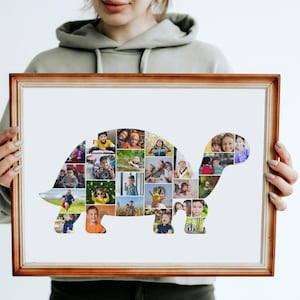 May include: A framed photo collage in the shape of a turtle, filled with various colourful photos. The frame is a warm brown colour. The photos appear to be of children.