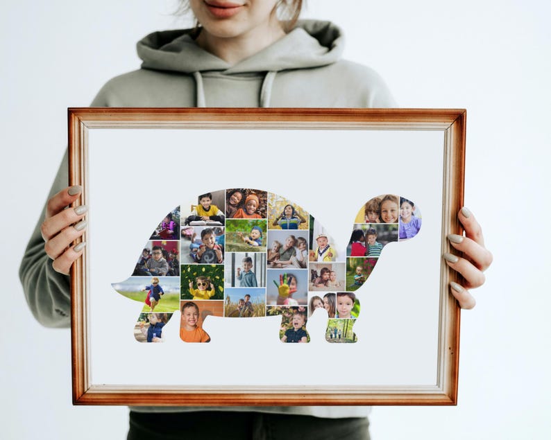 May include: A framed photo collage in the shape of a turtle, filled with various colourful photos. The frame is a warm brown colour. The photos appear to be of children.