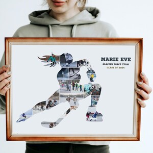 Peut inclure: Une photo encadr&eacute;e en forme de collage repr&eacute;sentant un joueur de hockey compos&eacute; de plusieurs photos plus petites. Le joueur est en position de patinage avec un b&acirc;ton de hockey. Le texte "MARIE EVE GLACIER FORCE TEAM CLASS OF 2024" est en haut de la photo.