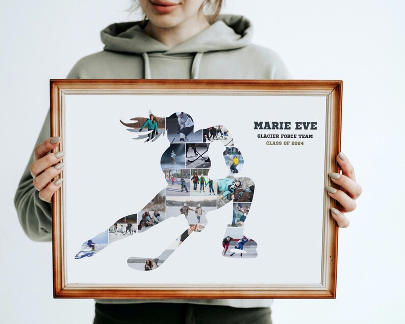 Peut inclure: Une photo encadr&eacute;e en forme de collage repr&eacute;sentant un joueur de hockey compos&eacute; de plusieurs photos plus petites. Le joueur est en position de patinage avec un b&acirc;ton de hockey. Le texte "MARIE EVE GLACIER FORCE TEAM CLASS OF 2024" est en haut de la photo.