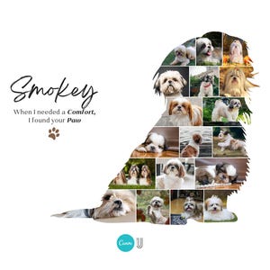 Puede incluir: Un collage en forma de perro con fotos de Shih Tzu. La palabra "Smokey" est&aacute; escrita en cursiva, con el texto "When I needed a Comfort, I found your Paw" debajo. Tambi&eacute;n se incluye una huella de pata.