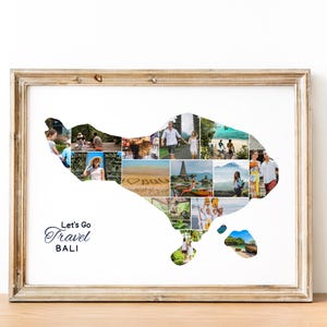 May include: A collage of photos in the shape of the island of Bali, with the text "Let's Go Travel BALI" below. The photos show people enjoying various activities in Bali, such as swimming, hiking, and visiting temples.