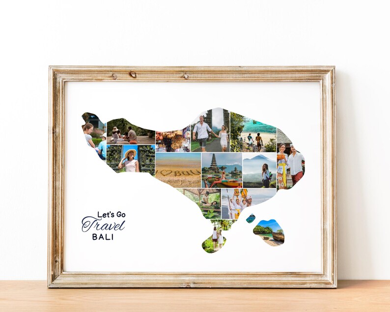 May include: A collage of photos in the shape of the island of Bali, with the text "Let's Go Travel BALI" below. The photos show people enjoying various activities in Bali, such as swimming, hiking, and visiting temples.