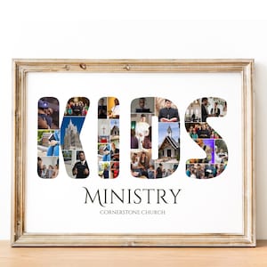 May include: A framed print featuring a collage of photographs forming the word "KIDS" in large letters. The photos show children, families, and church events. The text "MINISTRY" and "CORNERSTONE CHURCH" is printed beneath the collage.