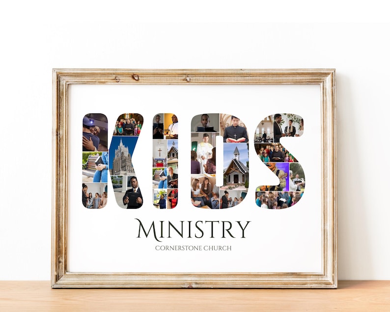 May include: A framed print featuring a collage of photographs forming the word "KIDS" in large letters. The photos show children, families, and church events. The text "MINISTRY" and "CORNERSTONE CHURCH" is printed beneath the collage.