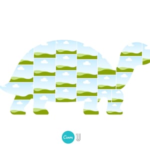 May include: A light blue turtle-shaped photo collage template, filled with landscape images of green hills and blue skies with clouds. The template has a white background. The Canva logo is in the bottom left corner.