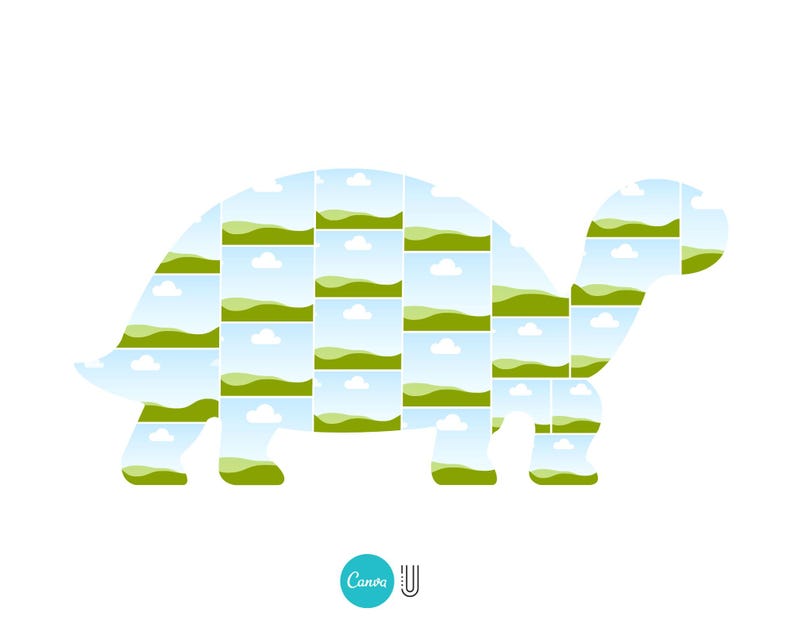 May include: A light blue turtle-shaped photo collage template, filled with landscape images of green hills and blue skies with clouds. The template has a white background. The Canva logo is in the bottom left corner.