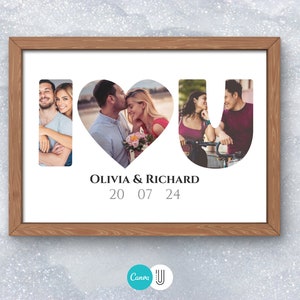 May include: A framed print with the words "I love you" spelled out in large letters. Each letter is filled with a different photo of a couple. The text "Olivia & Richard 20 07 24" is below the letters.