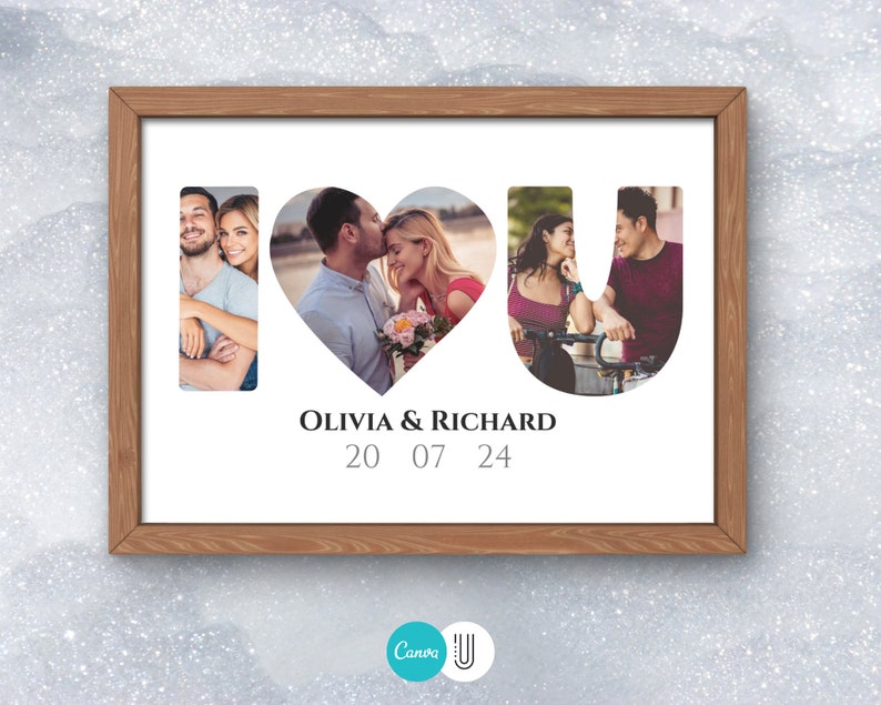 May include: A framed print with the words "I love you" spelled out in large letters. Each letter is filled with a different photo of a couple. The text "Olivia & Richard 20 07 24" is below the letters.