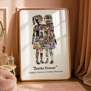 May include: A framed photo collage in the shape of two figures, filled with multiple photos. The frame is gold-colored, and the text "Besties Forever" is at the bottom, along with the words "Giggles, Secrets & Endless Memories."