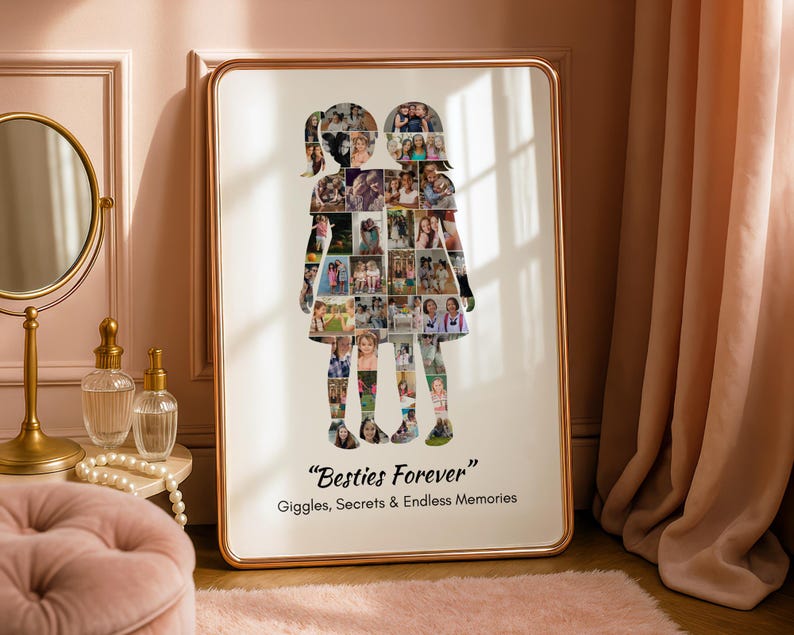 May include: A framed photo collage in the shape of two figures, filled with multiple photos. The frame is gold-colored, and the text "Besties Forever" is at the bottom, along with the words "Giggles, Secrets & Endless Memories."