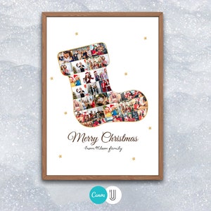 K&ouml;nnte beinhalten: Ein wei&szlig;er gerahmter Druck mit einem goldenen Weihnachtsstrumpf, der mit Fotos einer Familie gef&uuml;llt ist. Der Text "Frohe Weihnachten von der Familie Wilson" ist unter dem Strumpf gedruckt.