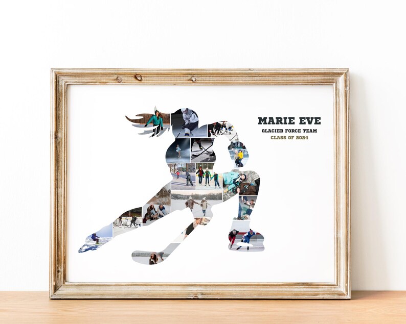 Peut inclure: Un collage photo en forme de joueur de hockey. Le collage est compos&eacute; de photos de personnes jouant au hockey et &agrave; d'autres sports d'hiver. Le texte "MARIE EVE GLACIER FORCE TEAM CLASS OF 2024" est imprim&eacute; sous le collage.