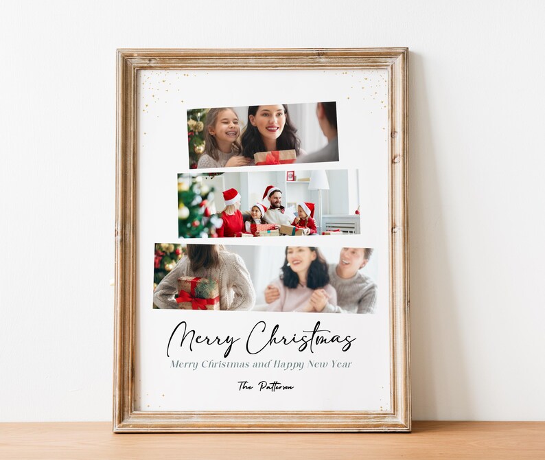 May include: A collage of family photos with a Christmas theme. The photos are arranged in a vertical stack with the text "Merry Christmas" and "Merry Christmas and Happy New Year" below the photos. The text "The Patterson" is at the bottom of the collage.