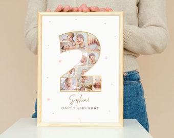 Zweiter Geburtstag Foto-Collage Vorlage: Zahl 2, bearbeitbar (digitaler Download)