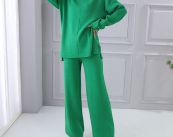 Top de manga larga de punto para mujer de moda con pantalón de pierna ancha en color verde primavera/otro color disponible/muy cómodo y es un gran regalo
