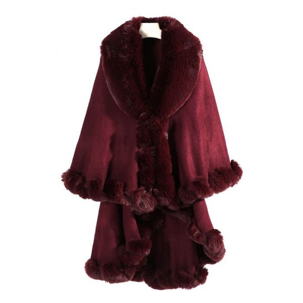 Very comfy warm double layer Cape/Ponho/Shawl with Faux Fur trim all over | trendy colors to choose from