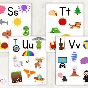 May include: A set of alphabet flashcards featuring colourful illustrations of objects starting with each letter. The letters are in black and white, and the illustrations are in bright colours. The letters are S, T, U, and V.