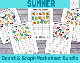 Summer Count and Graph Printable Worksheets, Learn to Count Math Activity, Homeschool Resources, Beach and Picnic Activities for Kids