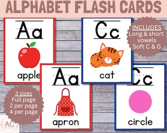 Cartazes de alfabeto imprimíveis, cartões flash com sons iniciais, download digital em tamanho carta, decoração colorida de sala de aula, cartões flash ABC